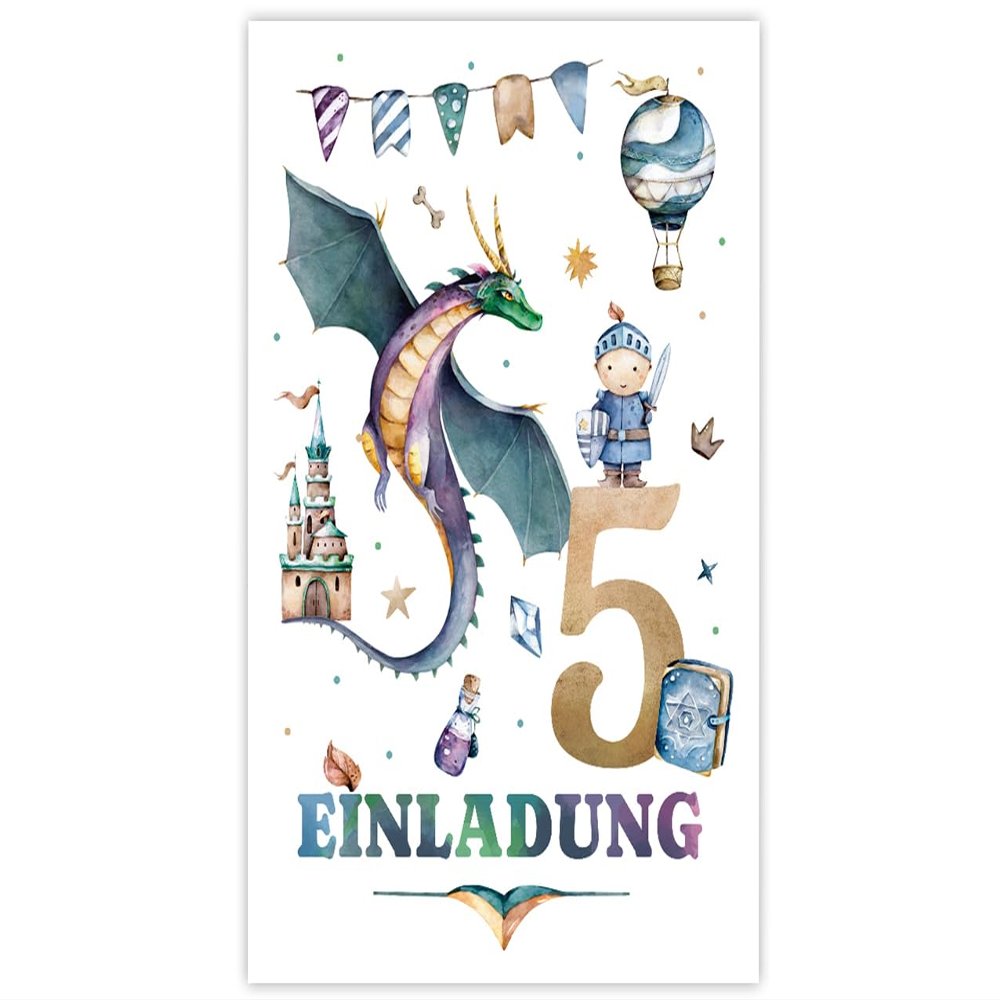 Minkocards 10 Invitation Cards for a Boy's 5th Birthday - Knight & Dragon