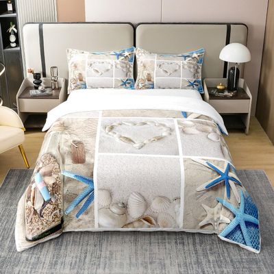 100% Cotton Ocean-Themed Duvet Cover Set, Starfish and Heart Design, 220 x 240 cm