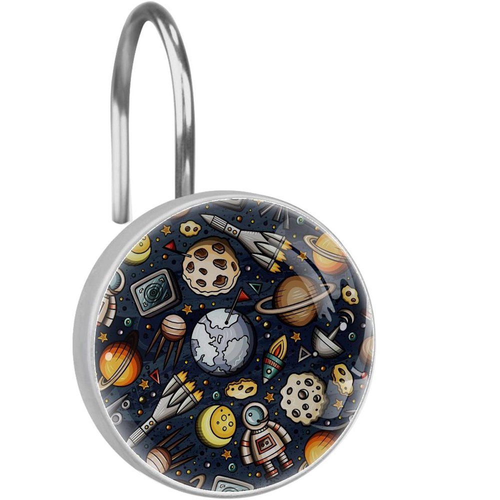 12-Piece Space Galaxy Rocket Planet Astronaut Shower Curtain Hooks