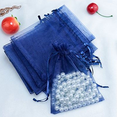 100 Dark Blue Organza Gift Bags, 9 x 12 cm, with Drawstring