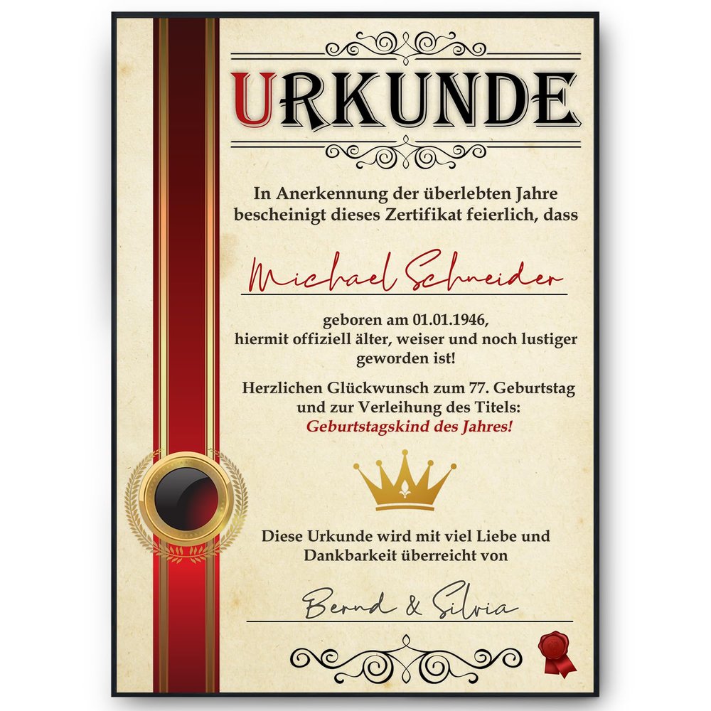 Tigerlino Personalized 77th Birthday Certificate, Gift Idea for Men and Women Born in 1949