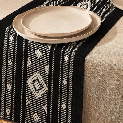 Highdi Modern Linen Table Runner, 33 × 183 cm, Black Boho