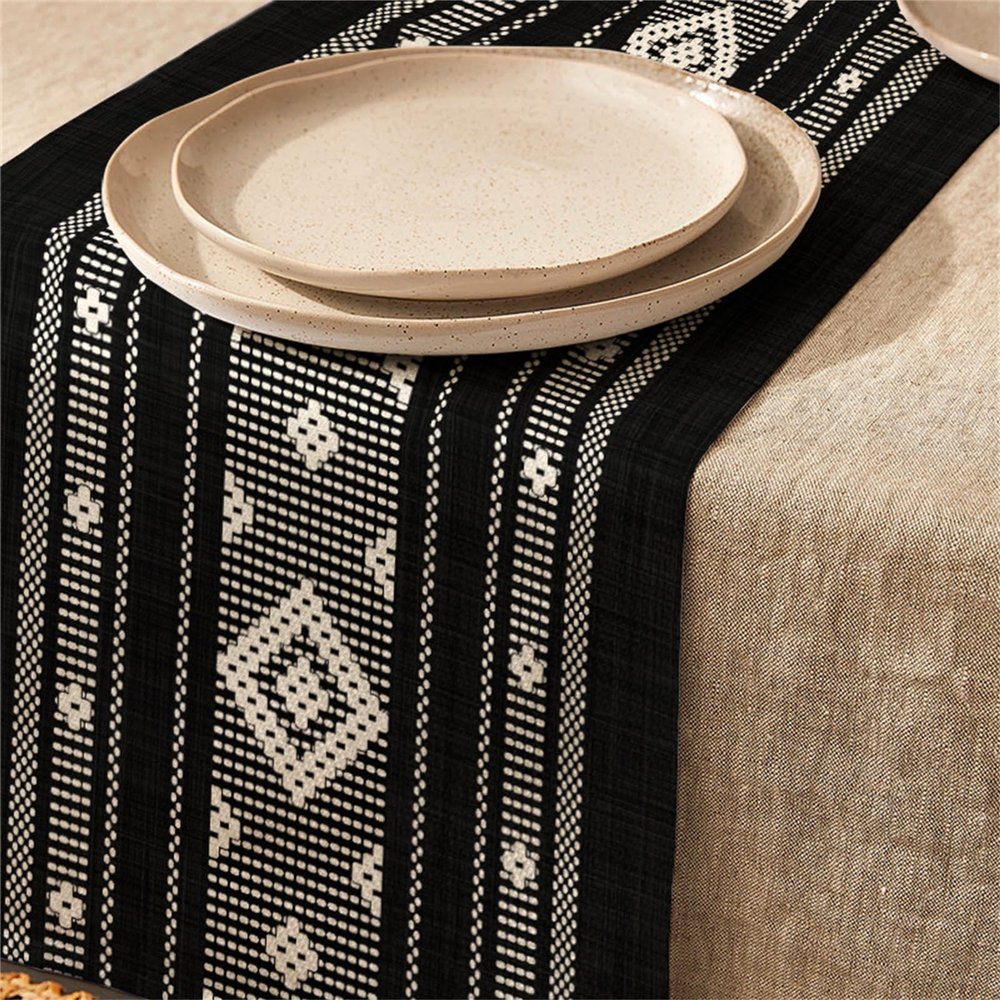 Highdi Modern Linen Table Runner, 33 × 183 cm, Black Boho