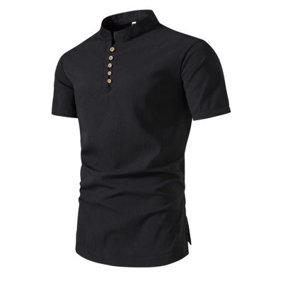 European American Men's Stand-Collar Cotton-Linen T-Shirt, Solid, Size L