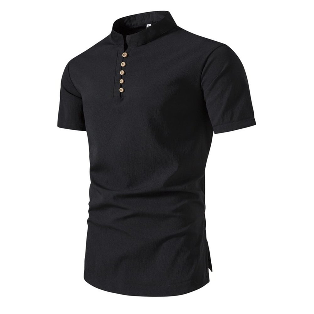 European American Men's Stand-Collar Cotton-Linen T-Shirt, Solid, Size L