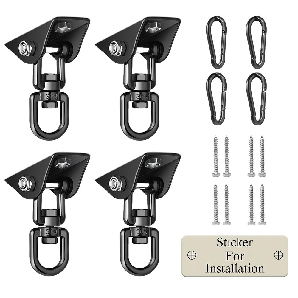 Aisto Heavy-Duty Swing Hangers, Porch Swivel Hooks for Swing Sets, Silent 304 Stainless Steel, 1,000 lb Capacity, Hammock, Yoga, Playground, Black, 4-Pack