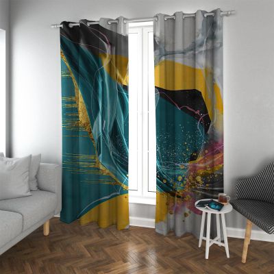 Abstract Mint Green, Teal & Turquoise Printed Blackout Curtains with Gold Texture, 2 Panels, H210 x W132 cm