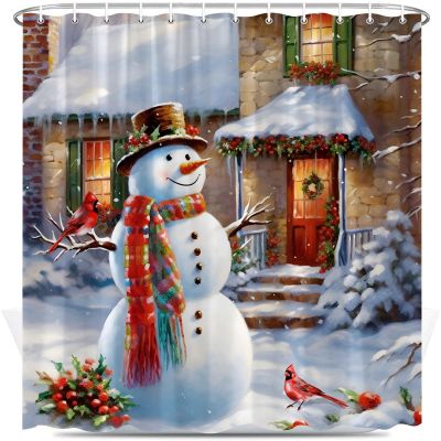XHCEOH Merry Christmas Snowman Shower Curtain, Vintage Farmhouse Winter Holiday Decor, 178 x 178 cm
