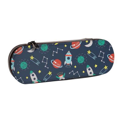 BONDIJ Haunted Mansion Printed Leather Pencil Case, Large Capacity, Cute Cosmetic Organizer Pouch with Zipper, Rocket Clipart Spaceship, One Size