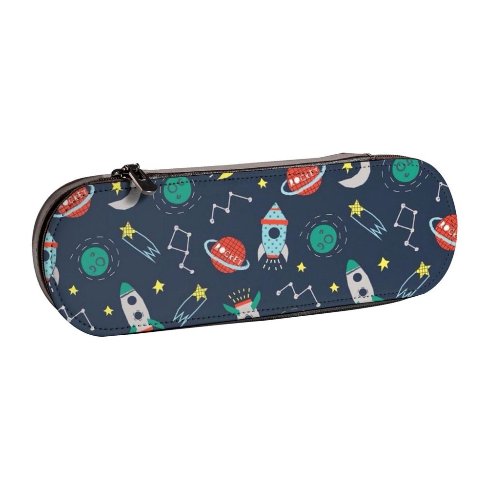 BONDIJ Haunted Mansion Printed Leather Pencil Case, Large Capacity, Cute Cosmetic Organizer Pouch with Zipper, Rocket Clipart Spaceship, One Size