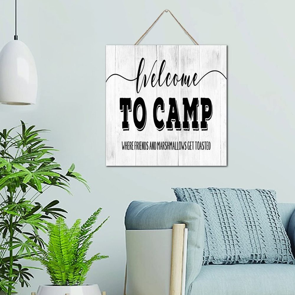 Welcome to Camp Where Friends and Marshmallows Get Toasted Family Wall Art Decor Sign, Rustic Wooden Plaque for Indoor Entryway, 12 x 12 Inches
