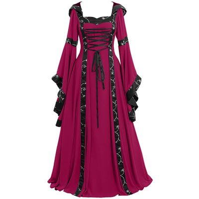 Women's Gothic Renaissance Hooded Maxi Dress with Trumpet Sleeves