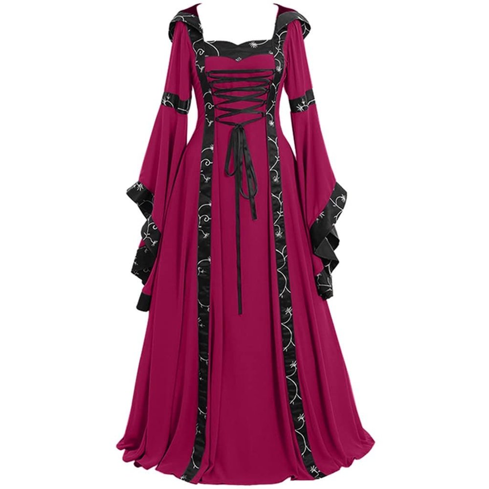 Women's Gothic Renaissance Hooded Maxi Dress with Trumpet Sleeves