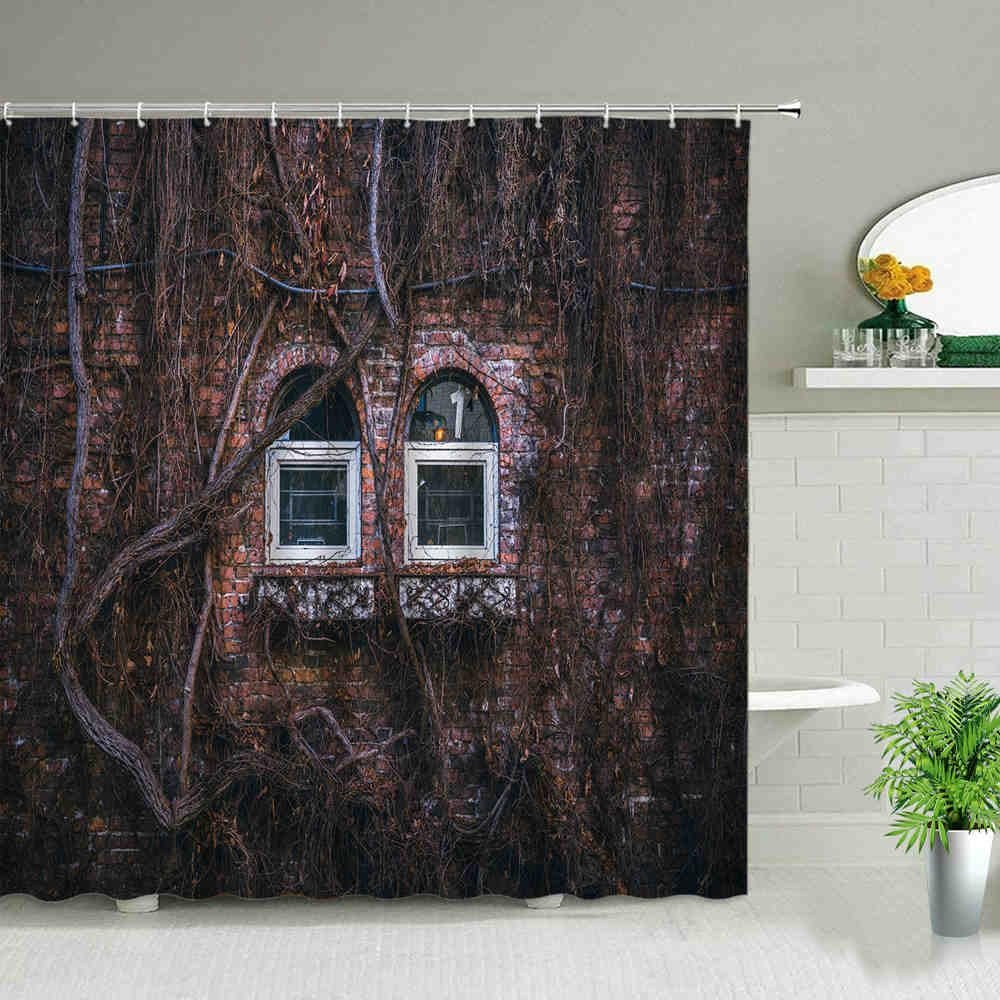 Retro Wood-Grain Shower Curtain with Hooks