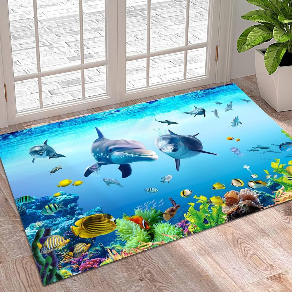 TEMLAN Ocean World Shark Coral Area Rug, Decorative Runner, 60 x 120 cm