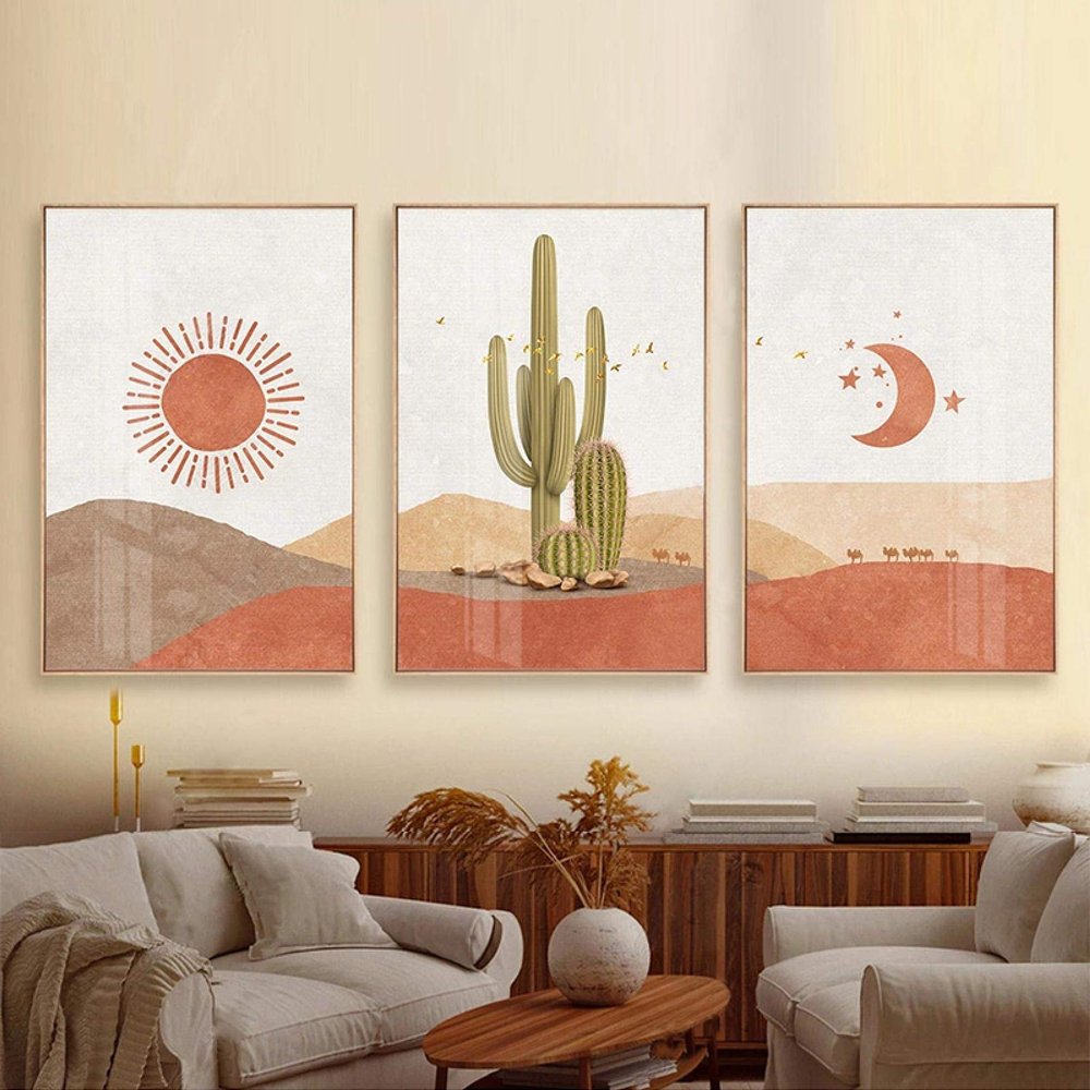 Abstract Landscape Sun and Moon Canvas Wall Art, Desert and Cactus, 60 x 80 cm x 3, Frameless