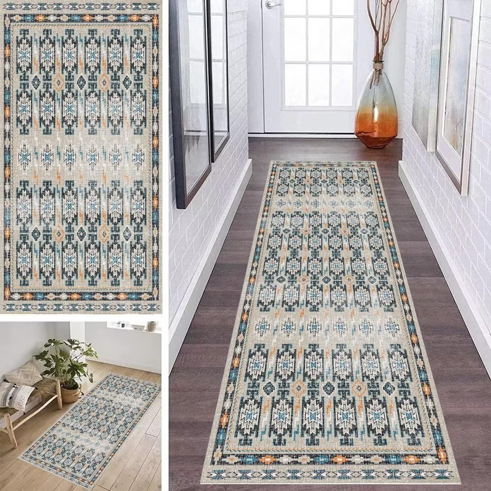 ZDYHMrj Washable Non-Slip Runner Rug, Abstract Moroccan Boho Gray and Blue, 100 × 350 cm