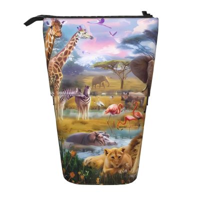 Wild Animals Print Stand-Up Pencil Case, Black, One Size