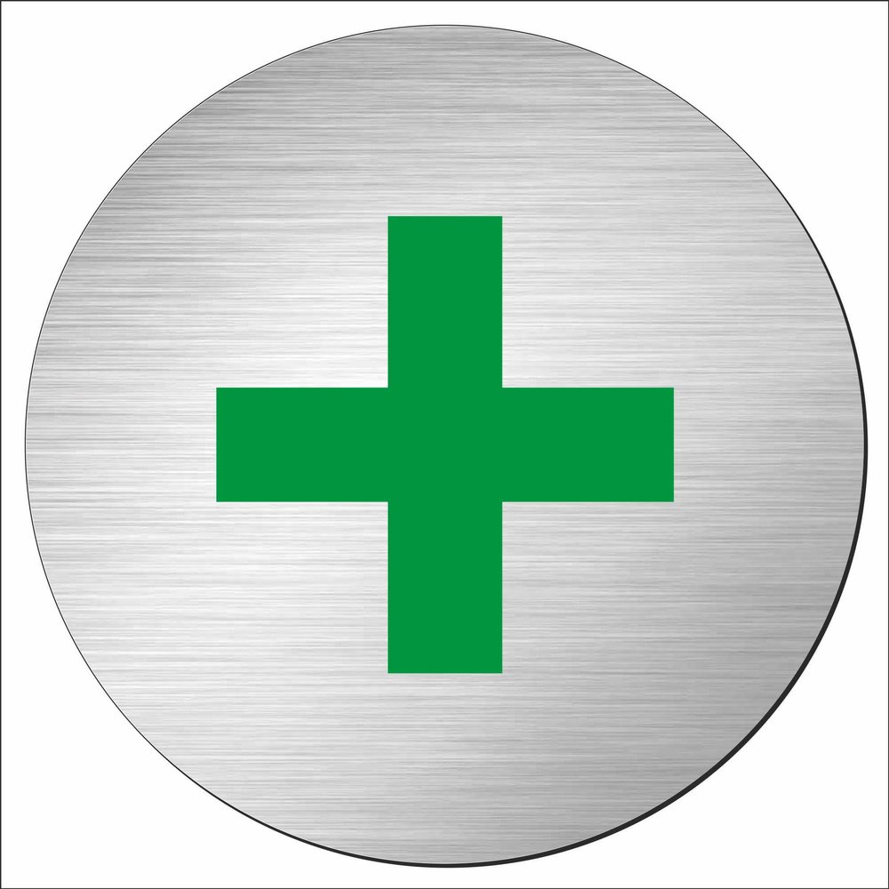 INDIGOS UG Round Sign, 200 mm, Green Cross, Aluminum Composite, Customizable