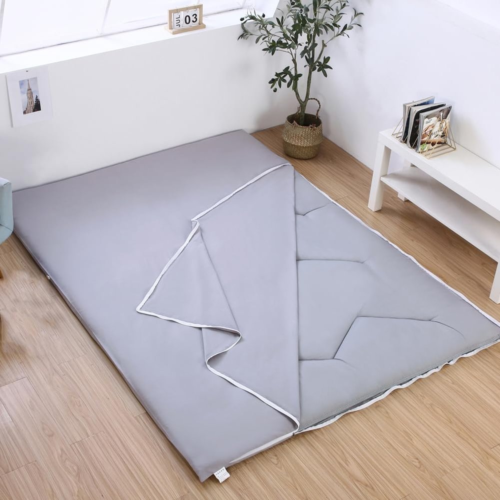 Japanese Futon Floor Mattress Cover with Zipper, Soft 100% Cotton, Gray, 200 × 220 cm
