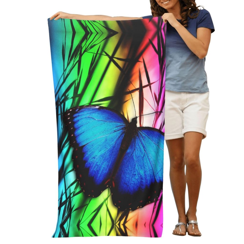 Blue Butterfly and Bamboo Print Microfiber Bath Towel, 80 x 130 cm