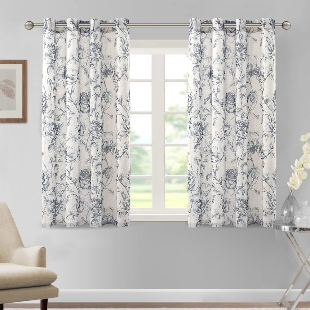 Printed Semi-Sheer Curtains with Linen Texture, Floral Pattern, Farmhouse Style, Grommet Window Panel Set, Indigo, 52 x 45 in