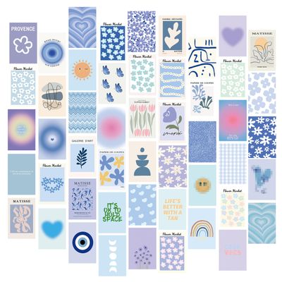 Piacolnic 50-Piece Aesthetic Blue Wall Collage Set, 4x6-Inch Prints and Postcards for Teen Room Decor