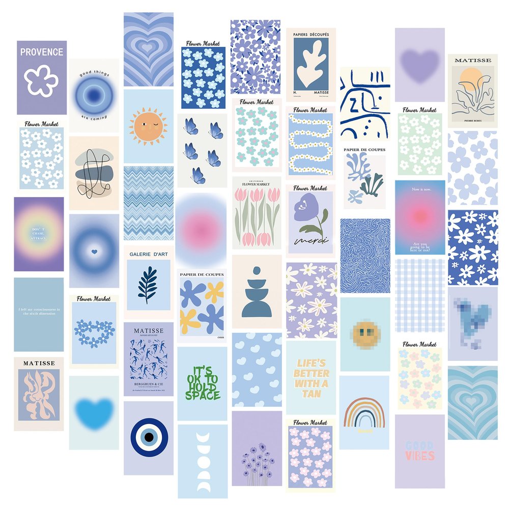 Piacolnic 50-Piece Aesthetic Blue Wall Collage Set, 4x6-Inch Prints and Postcards for Teen Room Decor