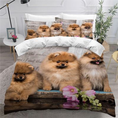 AKATIE Summer 3-Piece Bedding Set, 220 x 240 cm, 3D Pomeranian Dog Design, Microfiber Duvet Cover Set with Zipper
