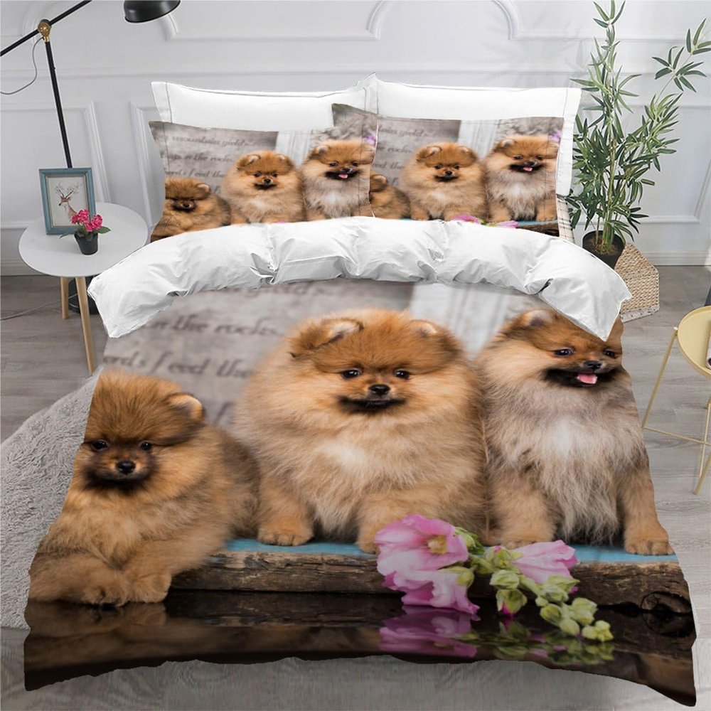 AKATIE Summer 3-Piece Bedding Set, 220 x 240 cm, 3D Pomeranian Dog Design, Microfiber Duvet Cover Set with Zipper