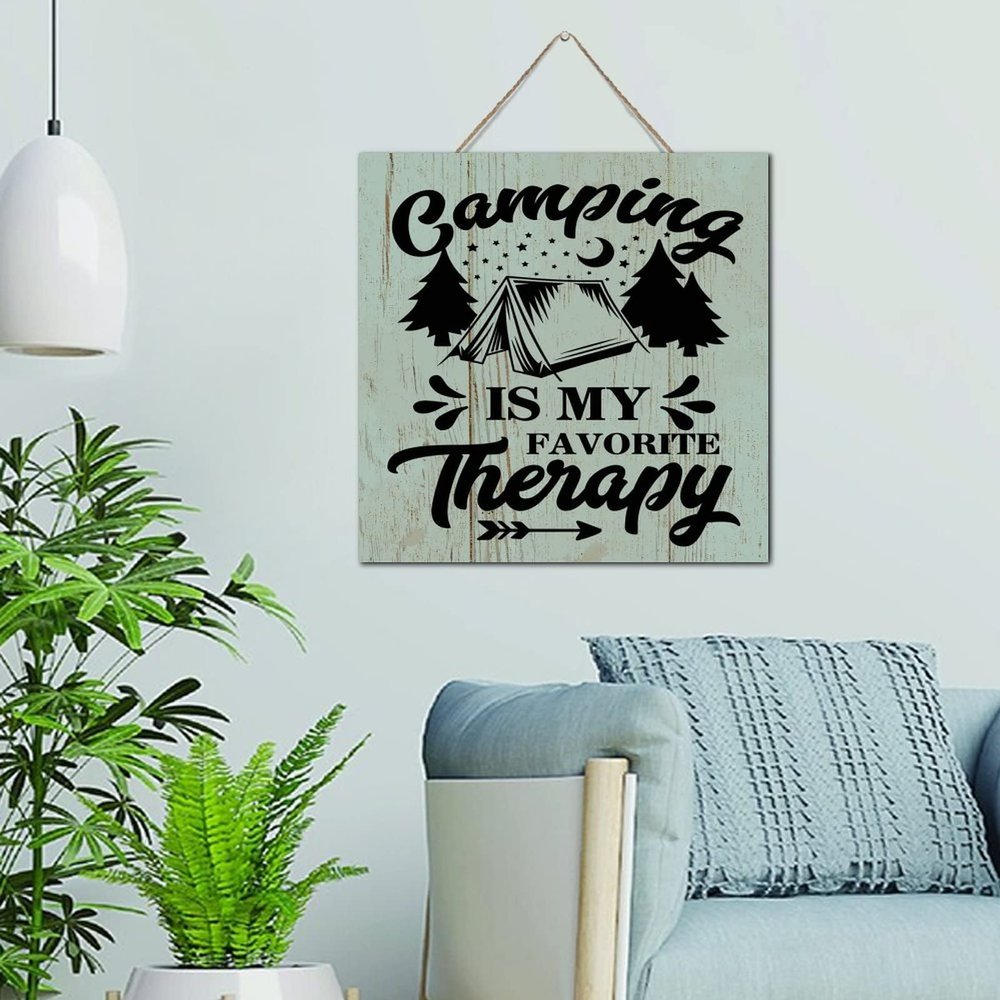 Vintage Wood Wall Plaque, “Camping Is My Favorite Therapy,” 12 x 12 Inches