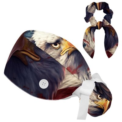 HOHODIY Independence Day Adjustable Women's Bouffant Scrub Cap with Buttons, Bow, Hair Ties, Sweatband, Multicolor 08, M/L