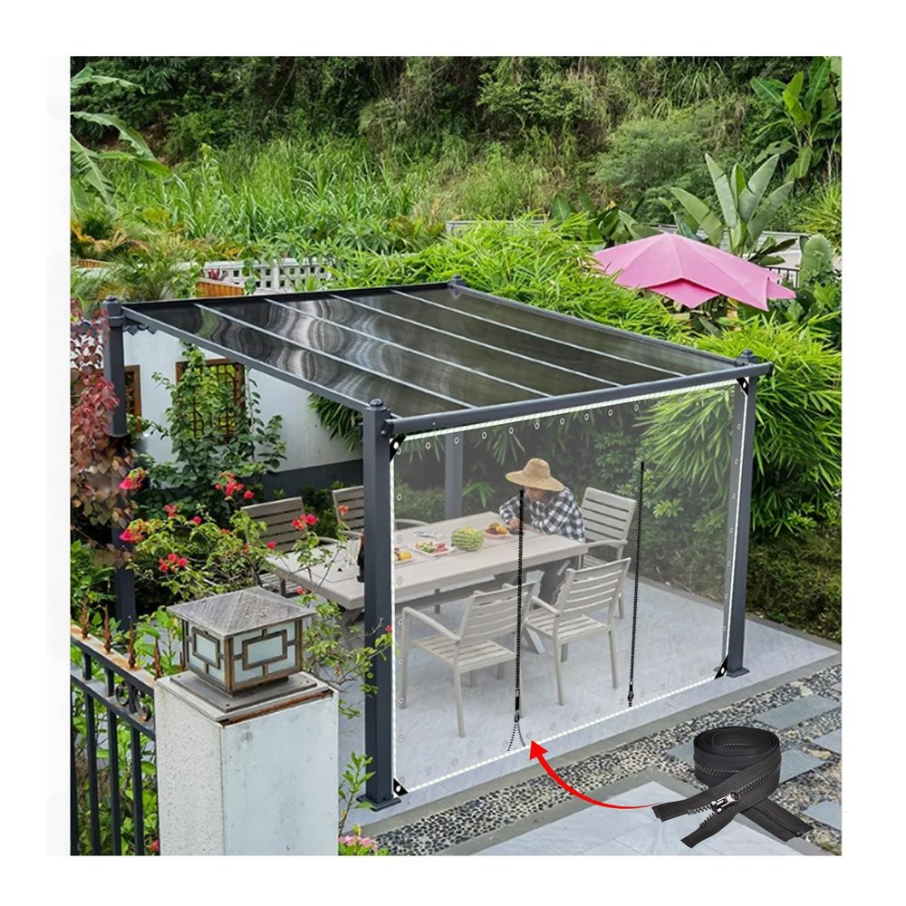 Transparent Tarp Sidewall with Zipper Door, Waterproof Outdoor Curtain, H2.4 x W9 m
