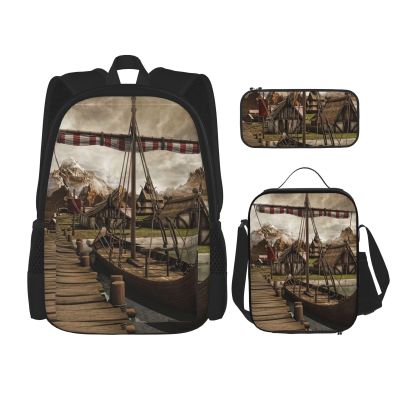 3-Piece Travel and Hiking Set, Lightweight Adjustable Backpack, Insulated Lunch Bag and Pencil Case, Ocean Underwater Dolphin Fish Old Viking Boat, One Size
