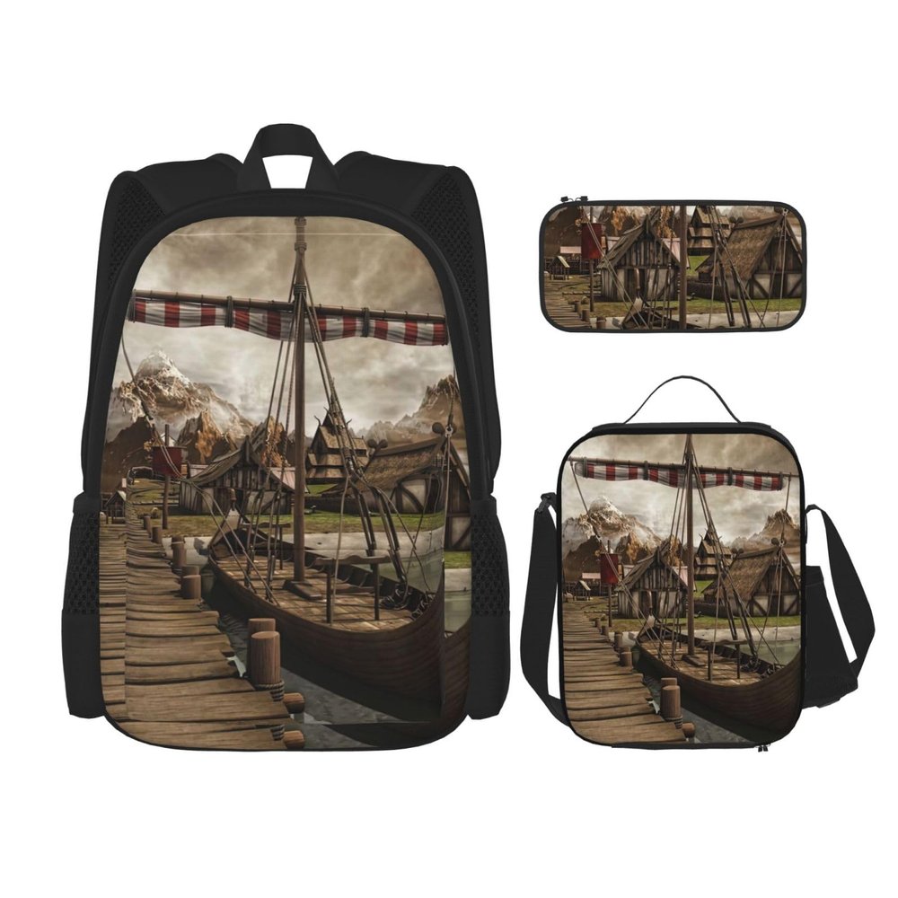 3-Piece Travel and Hiking Set, Lightweight Adjustable Backpack, Insulated Lunch Bag and Pencil Case, Ocean Underwater Dolphin Fish Old Viking Boat, One Size