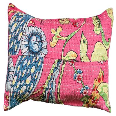 Sambhav Quilt Hub Boho Vintage Hand-Block Animal Print Patchwork Handmade Decorative Sofa Throw Pillow Cover, Kantha Cotton Lumbar Pillow Cover (50 x 66 cm, Pink)