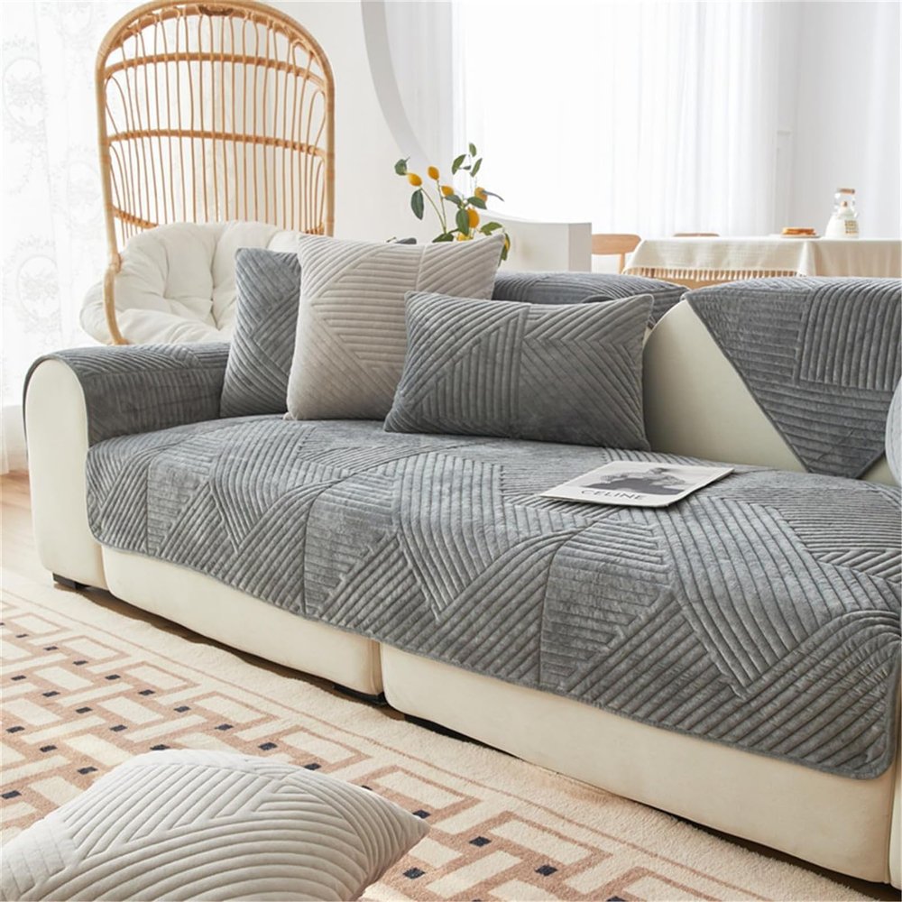 Velvet Sofa Cover for Corner, L-Shaped and 3/2/1-Seater Sofas, Non-Slip Sofa Protector, Dark Gray, 30 x 50 cm/Pillowcase