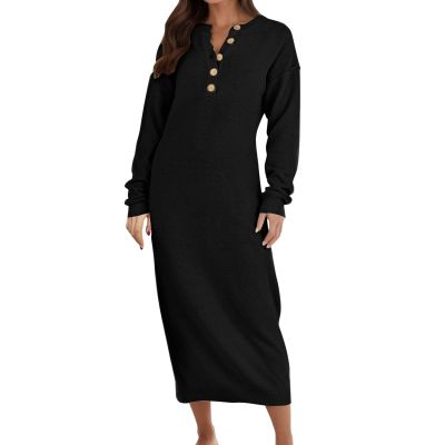 Women's Winter Sweater Dress with Buttons, Elegant Knit Maxi Dress