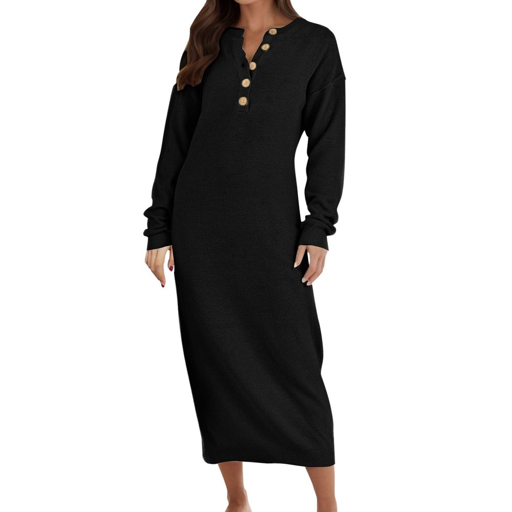 Women's Winter Sweater Dress with Buttons, Elegant Knit Maxi Dress