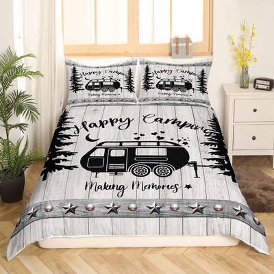 Kids' Camping-Themed Duvet Cover Set, 200 x 200 cm, Boho Farmhouse Style