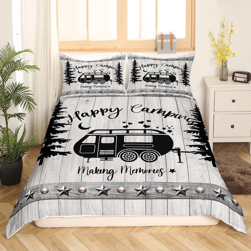 Kids' Camping-Themed Duvet Cover Set, 200 x 200 cm, Boho Farmhouse Style