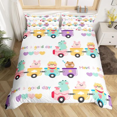 Manfei Cartoon Animal Train Duvet Cover Set with Rabbit, Puppy and Crocodile Design