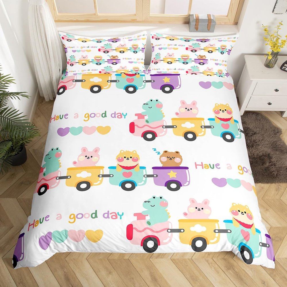 Manfei Cartoon Animal Train Duvet Cover Set with Rabbit, Puppy and Crocodile Design