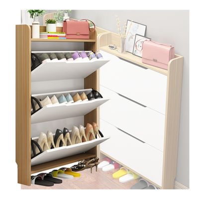 Slim Shoe Cabinet with Flip-Down Door, Space-Saving Organizer, Modern Entryway Storage (Light Walnut)