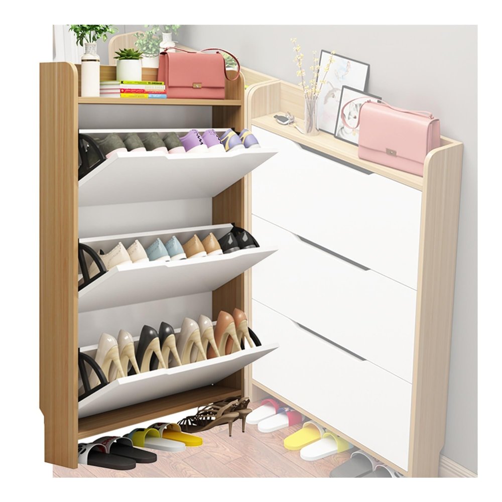 Slim Shoe Cabinet with Flip-Down Door, Space-Saving Organizer, Modern Entryway Storage (Light Walnut)
