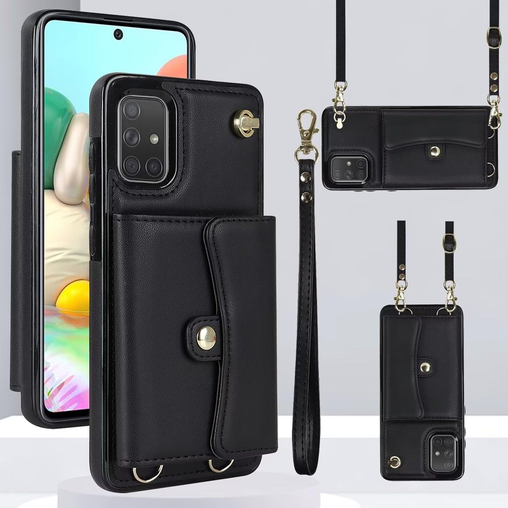 xinyunew Case Compatible with Samsung Galaxy A51 5G, Black Wallet Phone Case with Strap