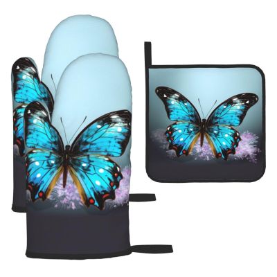Oven Mitts and Pot Holder with Butterfly Print, Heat-Resistant, Waterproof, 3-Piece Set
