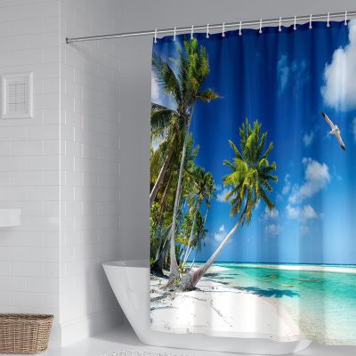 Mesnt Washable Polyester Shower Curtain, 165 x 200 cm, Palm Tree Beach Scene, Blue/Green