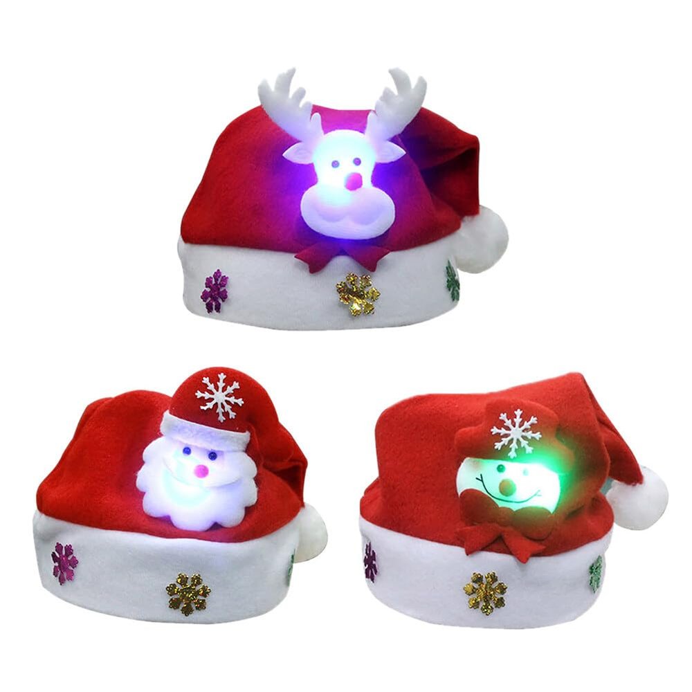 JAWSEU 3-Pack Light-Up Christmas Hats, LED Plush Beanies