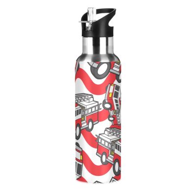 Cartoon Fire Truck Water Bottle with Straw Lid, Insulated Stainless Steel, Leakproof, 600 ml